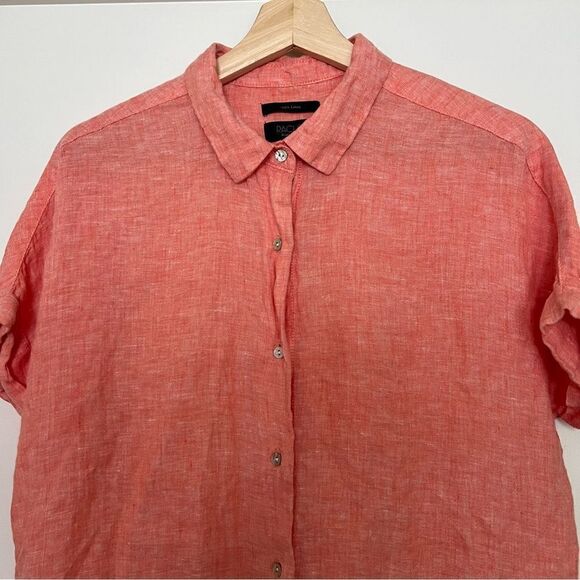 Rachel Roy Shirt Top Womens Sz M Salmon Linen Button Up Short Sleeve Rolled Cuff - Picture 2 of 12